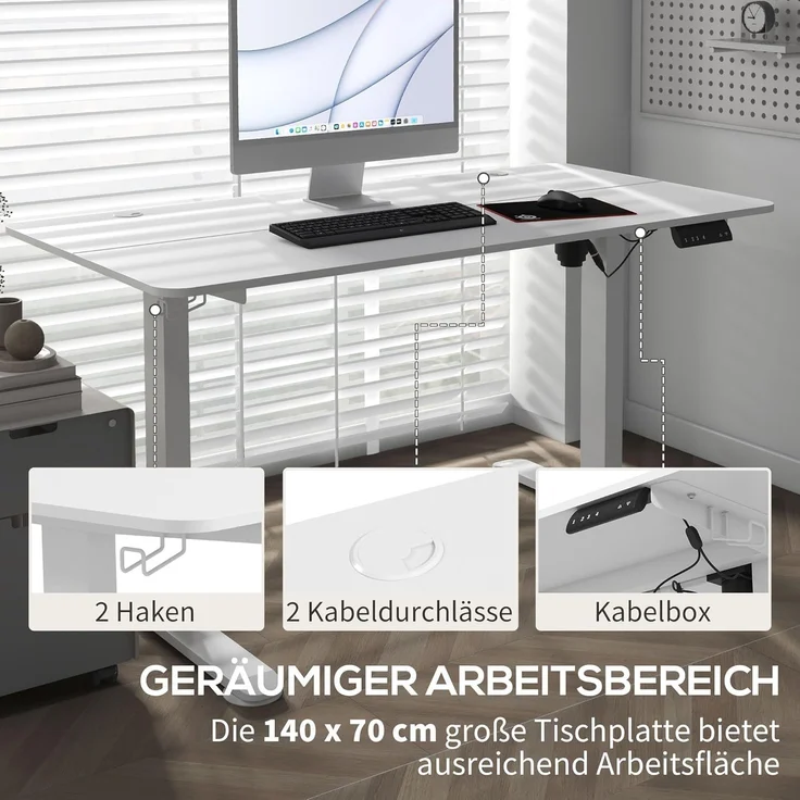 Vinsetto Schreibtisch Höhenverstellbares Stehpult mit 2 Haken, elektrisch (Laptoptisch, 1-St, Computertisch), für Wohnzimmer, Arbeitszimmer, Weiß – Bild 7