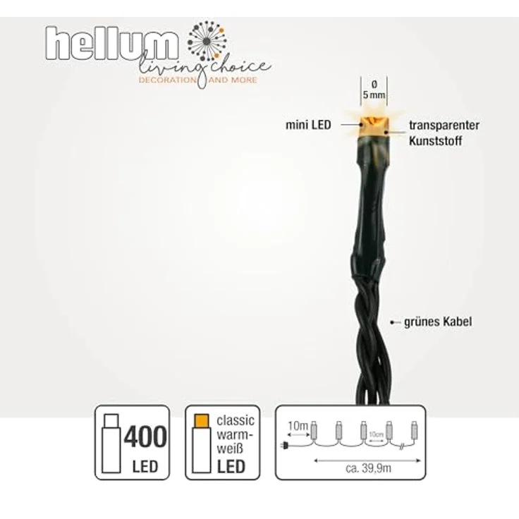 hellum Lichterkette außen 400 LED bernstein, LED Lichterkette mit Timer, für Weihnachtsbaum Beleuchtung 39,9m beleuchtete Länge – Bild 4