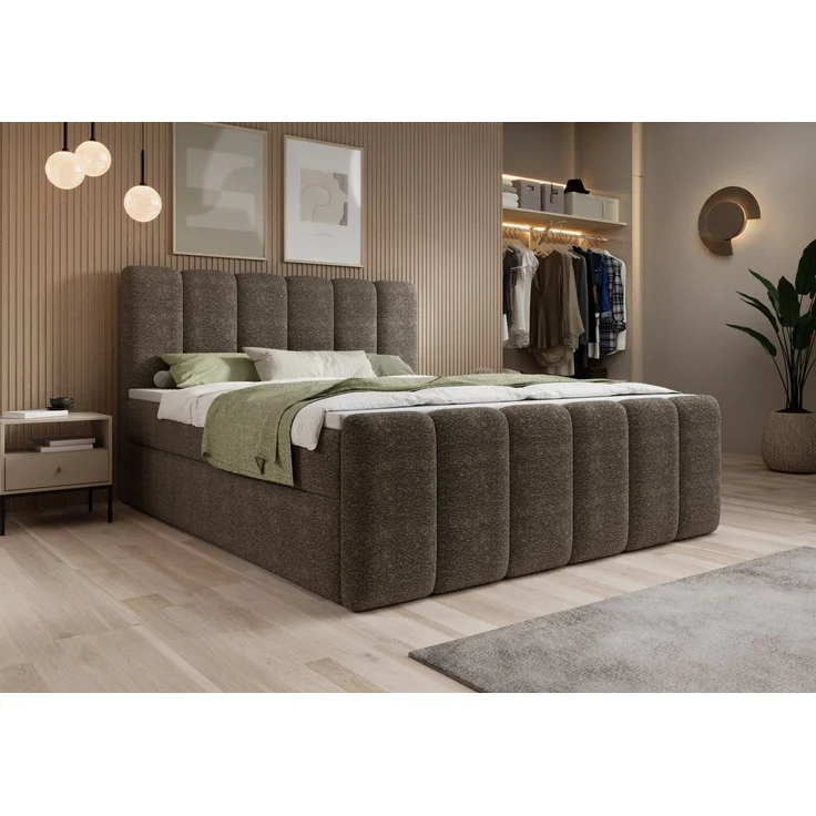 thematys Boxbett mit Bettkasten 200x200cm, mit Bonnellfederkernmatratze H3, Bouclé/Velours, mit Stauraum, mit 3 cm Topper, Taupe (Fredo 05) – Bild 3