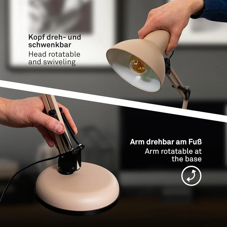 BRILONER - Schreibtischlampe mit Kabelschalter, schwenkbar, E14, max. 25W, Tischlampe, Lampe, Nachttischlampe, Tischleuchte, Deko, Bürolampe, Leselampe Bett, Leselicht, 15,5x53 cm, Beige – Bild 5