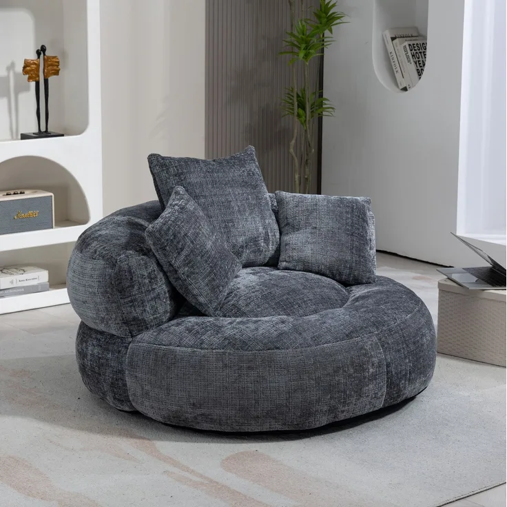 Lazy Sofa Lounger mit 3 Kissen, 108x108x52 cm, Grau Chenille, hohe Rückenlehne, Indoor/Outdoor