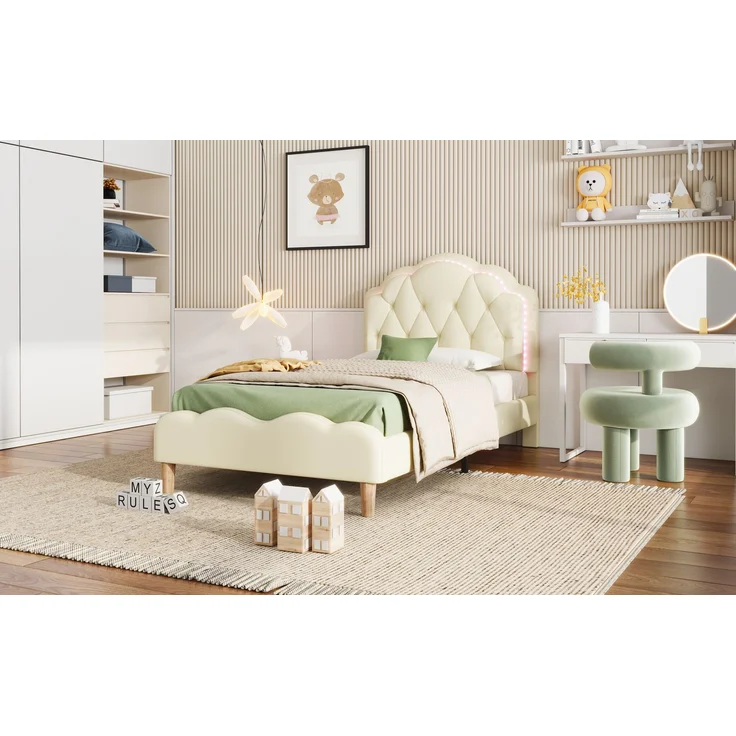 EINHOM Polsterbett, Wellenförmiges Kopfteil mit Zugpunktleiste, mit Mehrfarbigen, Wechselnden LED-Streifen, Kinderbett mit Holzlatten, Einzelbett, PU, 90 x 200 cm, Beige, (Ohne Matratze) – Bild 4