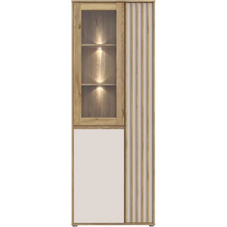 Forte ELISTON Vitrine 70 80, moderner Schrank mit Lamellendesign, 3-türig, Wohn-/Schlafzimmer, Mauvella Eiche Holzdekor|Kashmir Beige, 74 cm breit x 200,1 cm hoch x 41,5 cm tief – Bild 4