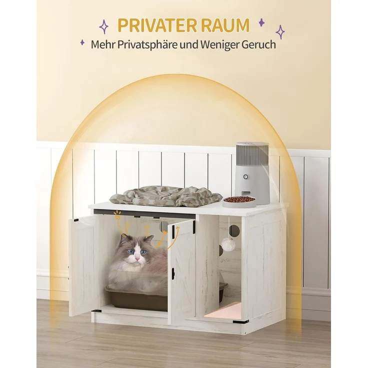 Katzenschrank, Katzentoilette, Katzenklo Schrank, Versteckte Katzentoilette Kabinett Möbel mit Katzenglocke, Indoor-Katzenhaus, 80 x 50 x 53 cm, für Flur, Schlafzimmer, Weiß – Bild 3
