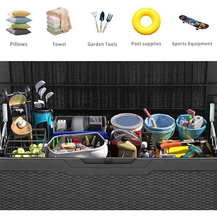 YITAHOME 100-Gallonen-Harz-Deckbox, wetterfest Außenspeicherbox, verschließbarer Innen- und Außenspeicher für Zubehör und Grundbedarf, schwarz – Bild 5