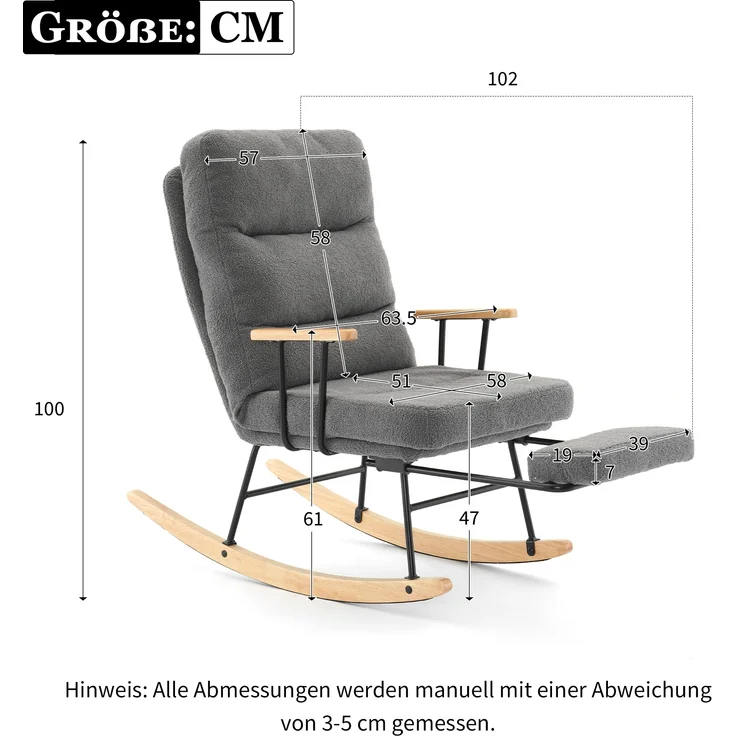 Schaukelsessel, Teddy-Fleece, mit Schwerkraftverstellung & Fußstütze, 63,5x102x100 cm, Grau – Bild 10