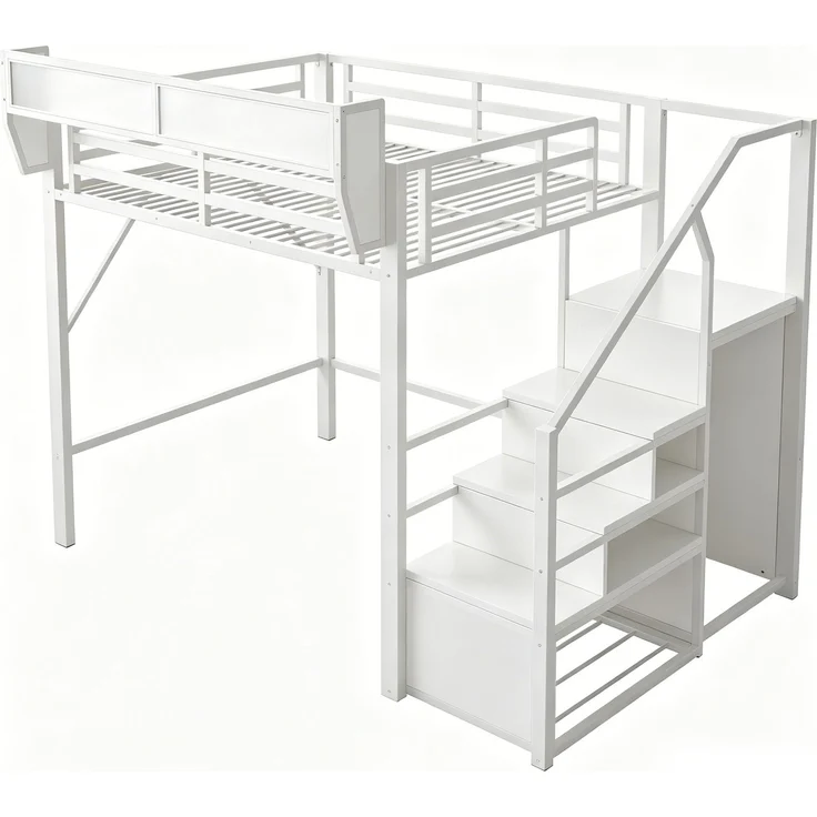 ZUBALIYA Hochbett 140 × 200 cm, Metall, LED-Beleuchtung, Leiter, Weiß – Bild 19