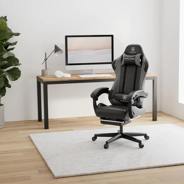GTPLAYER Gaming Stuhl, Gamer Stuhl, Ergonomischer Bürostuhl mit mit Fußstütze verstellbare Lenden und Kopfkissen, Gaming Chair Gepolstert, Gaming Sessel 150 kg Belastbarkeit grau – Bild 2