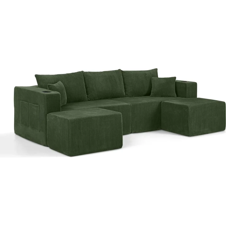 Modulares 3-Sitzer Ecksofa mit 2 Ottomanen, Cordbezug, H 75 x T 138 x B 230 cm, Grün – Bild 5