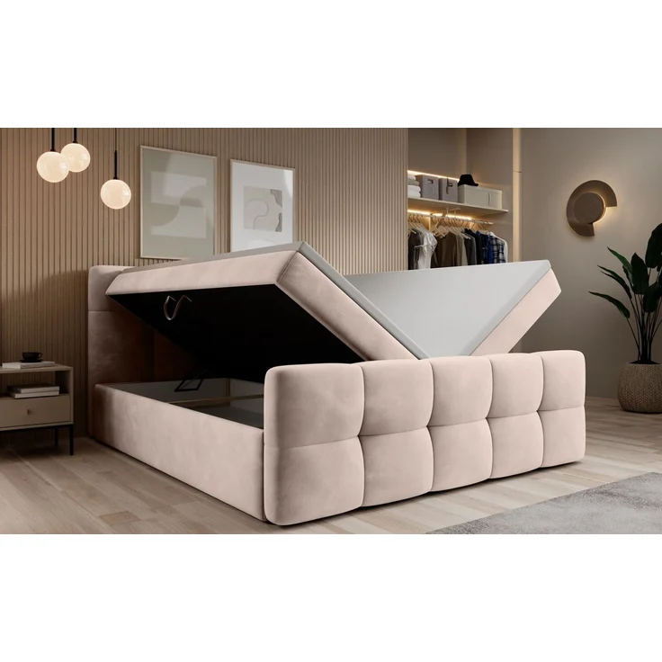 thematys Boxbett mit Bettkasten 160x200cm, mit Bonnellfederkernmatratze H3, Bouclé/Velours, mit Stauraum, mit 3 cm Topper, Beige (Velluto 02), Art.-Nr. S04GH0RGZGI – Bild 4