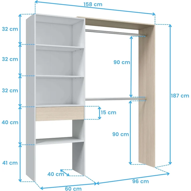 Calicosy 'DRESS' Kleiderschrank Eichenholzoptik und weiß - H187 cm - Weiß – Bild 3