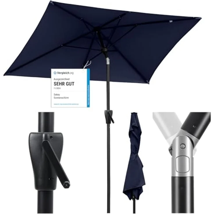 Sekey Sonnenschirm mit Kurbel und UV50+, knickbar, Aluminium blau, 210 × 140 cm – Bild 1