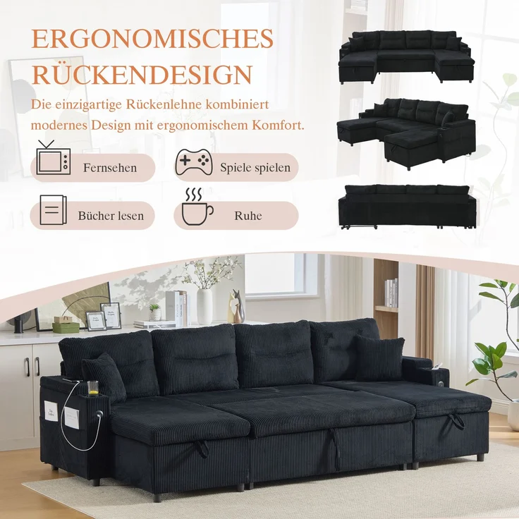 Flieks 4-Sitzer Schlafsofa aus Samt, mit beidseitigen Chaiselongues, Stauraum, Seitentasche, Getränkehaltern und USB-Anschlüssen, Schwarz – Bild 8