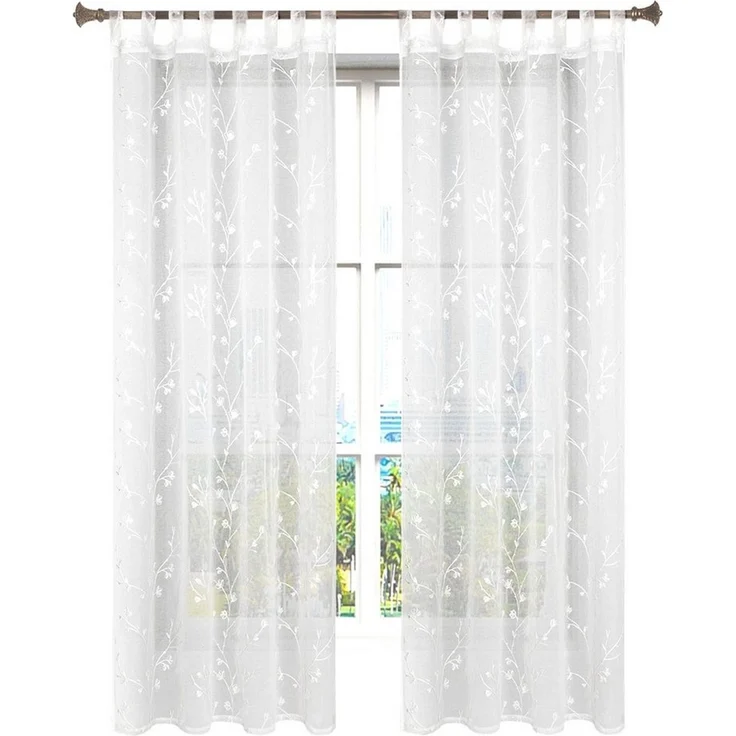 Woltu Gardine (2 St), halbtransparent, Blumen Stickerei mit Schlaufen Leinen Optik – Bild 1