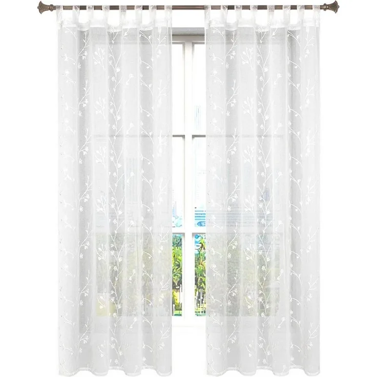 Woltu Gardine (2 St), halbtransparent, Blumen Stickerei mit Schlaufen Leinen Optik