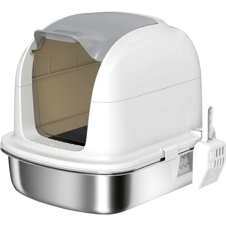 Katzentoilette aus Edelstahl mit aufklappbarem Deckel, 52,4x41,3x42 cm, Weiß