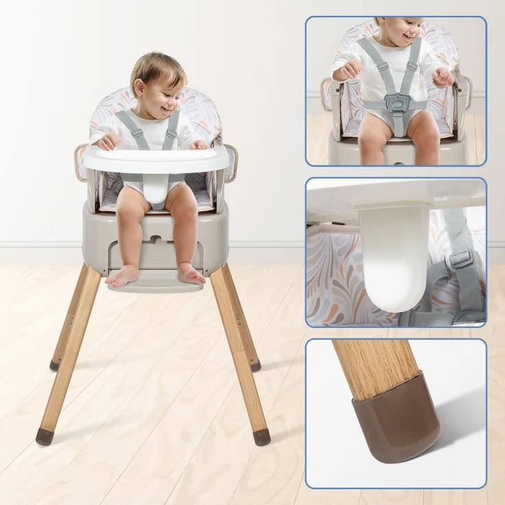 Leogreen Baby Hochstuhl 4 in 1 Babystuhl, Höhenverstellbar und Klappbar kinderhochstuhl, 5-Punkt-Gurt, abnehmbare Tablett, Fußstütze, Rutschfeste Stuhlbeinkappen, ab 6 Monate bis 3 Jahre, Grau – Bild 5