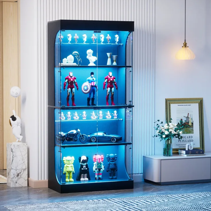 Vierstöckige Glasvitrine mit Stauraum, LED-Beleuchtung, Glastüren und intelligenten Sensoren, Als staubdichte Glasvitrine für Wohnzimmer, Schlafzimmer und Büros geeignet, Schwarz, 80*35*165cm--Schwarz--80x35x165cm--YOUDENOVA