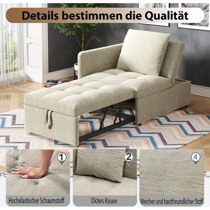 Schlafsofa 3-in-1 mit verstellbarer Rückenlehne, Leinen Beige, 177x68x65 cm – Bild 9