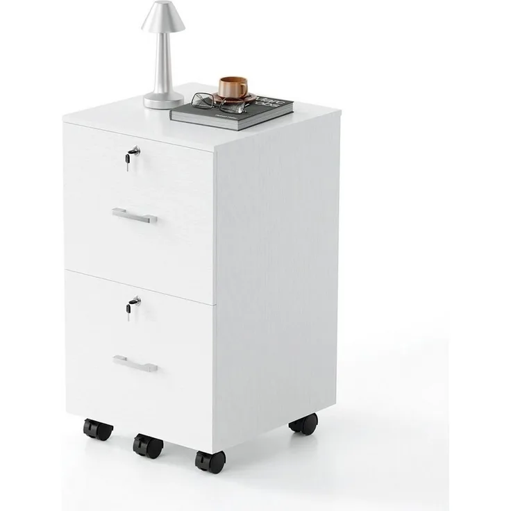 VINGLI Aktenschrank Holz, mobiler Aktenschrank, Rollcontainer abschließbar, 2/3 Schubladen verstellbare Hängestangen für A4/Letter-Format, weiß/schwarz