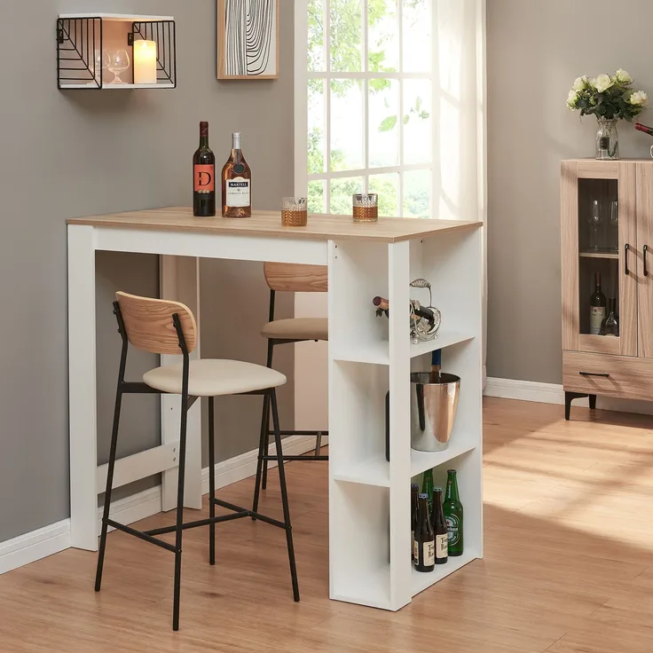 Bartisch Danderyd 120x60x106 cm mit 3 Ablagefächern Weiß/Eicheoptik [en. casa]