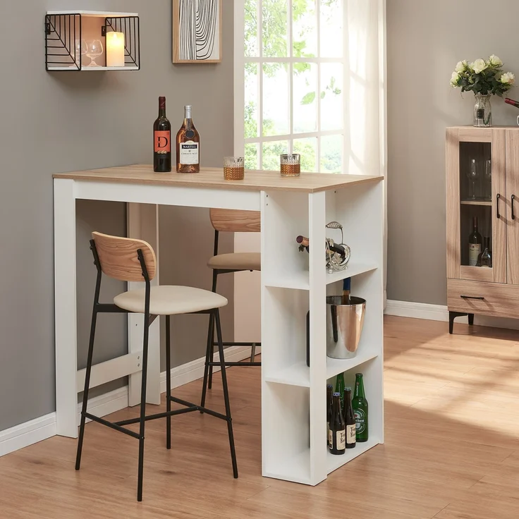 Bartisch Danderyd 120x60x106 cm mit 3 Ablagefächern Weiß/Eicheoptik [en. casa] – Bild 1