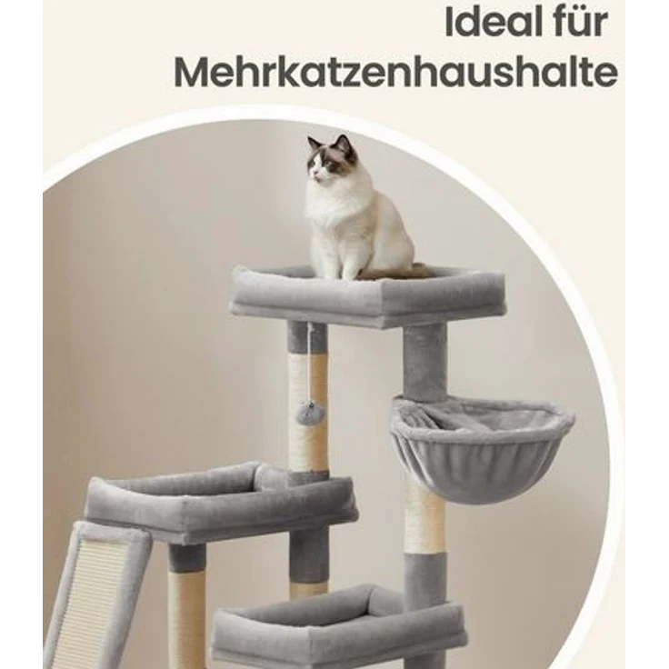 FEANDREA Katzenkratzbaum mit Höhle, Kratzbaum mit Rampe und Körbchen, 2 große Plattformen, hellgrau – Bild 4