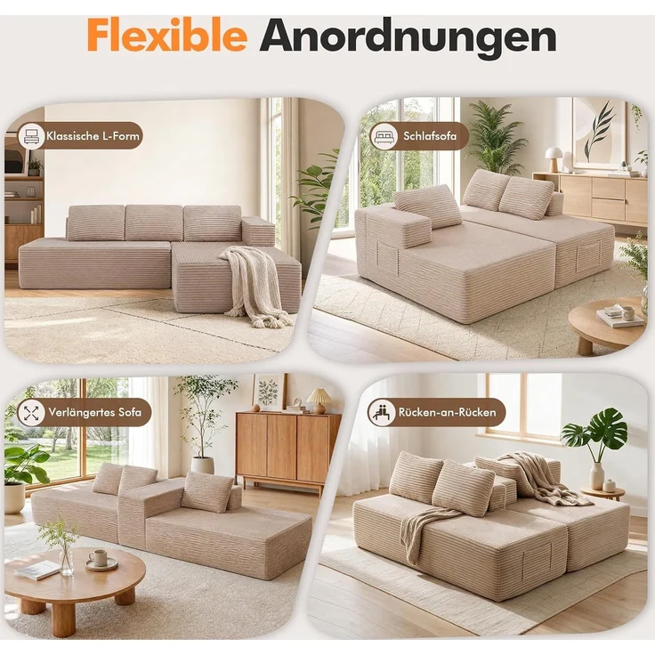COMHOMA Ecksofa mit Schlaffunktion, 228cm Corduroy Modulares Boneless Couch mit Chaiselongue & Rücken-Metallgestell, L-Form Schlafsofa mit offenem Design, Kissen & Seitentaschen,für Wohnzimmer, Beige-L – Bild 5