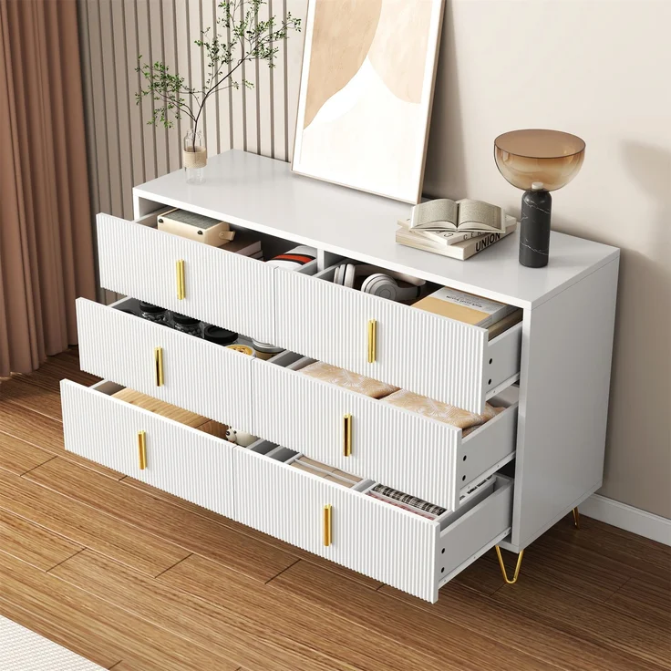 Sideboard 120x40 cm Weiß Gold 6 Schubladen Wellenfront TV Schrank Lowboard Aufbewahrung Wohnzimmer Esszimmer – Bild 1