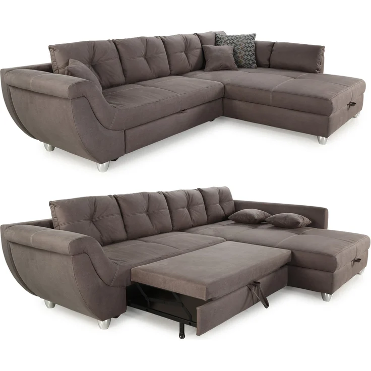 Ecksofa groß mit Rutschen-Armlehne Schlaffunktion Bettkasten Couch in Braun – Bild 1