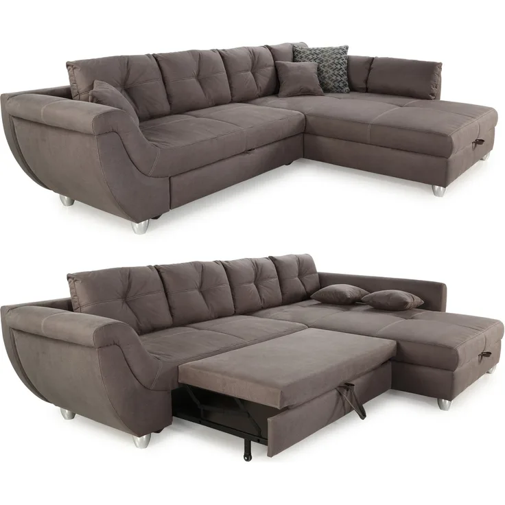 Ecksofa groß mit Rutschen-Armlehne Schlaffunktion Bettkasten Couch in Braun