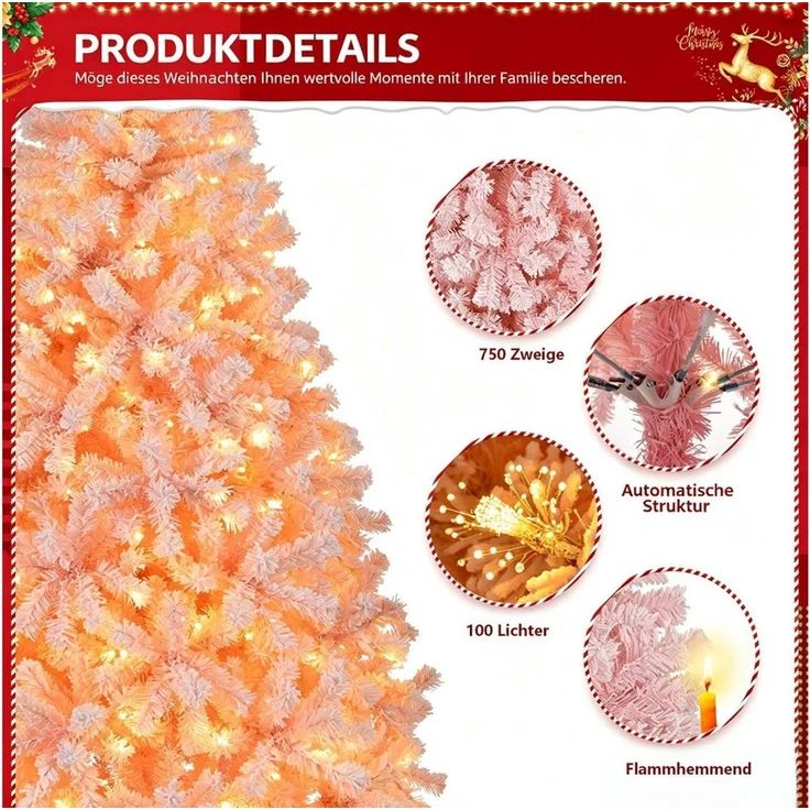 VINGLI Künstlicher Weihnachtsbaum mit Lichtern, Weihnachtsdeko mit Metallständer, für innen & Außen, 100 LEDs, Warmweiß, Batteriebetrieben, 750 Zweigspitzen, 180 cm, Rosa – Bild 4