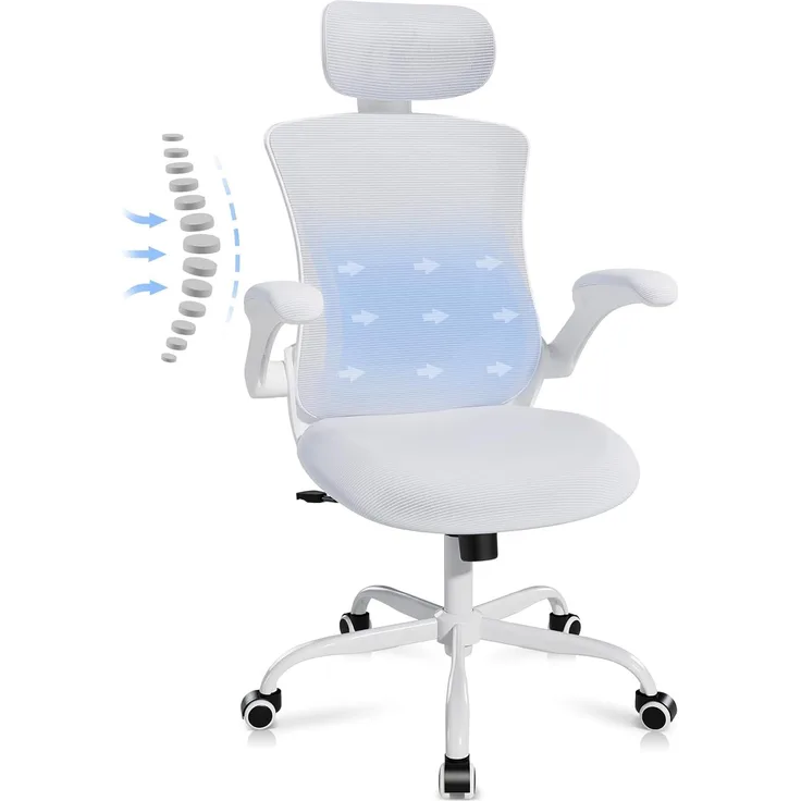 COLAMY Ergonomischer Mesh Bürostuhl mit Verstellbarer Kopfstütze und Lendenstütze, hochklappbare Armlehnen, 140° Wipp- und Rastenfunktion, Höhenverstellbarer Bürodrehstuhl, Weiß