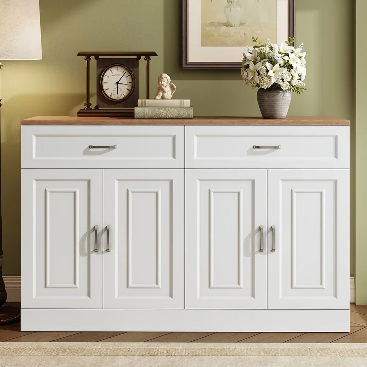 Merax Sideboard mit Regalen, Sideboard mit Rebounder, natürliche Holzmaserung, Holz und Weiß