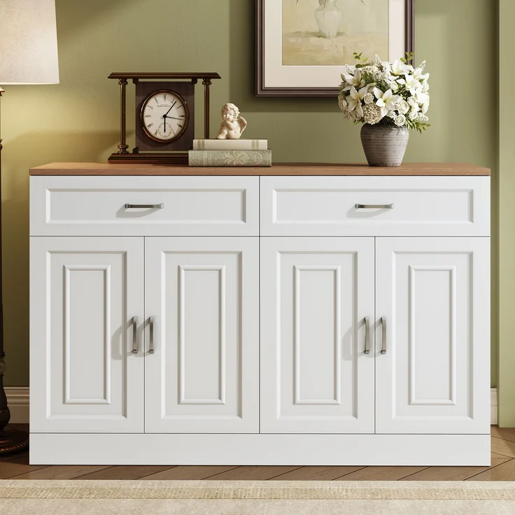 Merax Sideboard mit Regalen, Sideboard mit Rebounder, natürliche Holzmaserung, Holz und Weiß – Bild 1