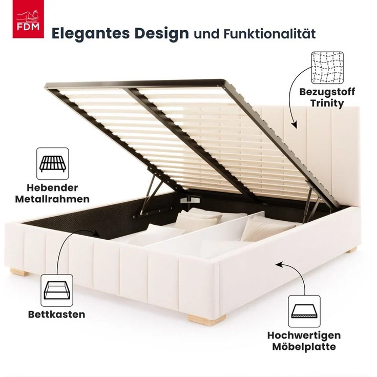 FDM Polsterbett modern mit Bettkasten MADE IN EU - mit hochwertigem Velours Bezug (verfügbar 90x200 120x200 140x200 160x200 180x200cm, Bettrahmen, Bett, mit großen gepolsterten Kopfteil, mit Bettkasten zum aufklappen), Hebbarer Metallrahmen, Bettkasten... – Bild 2