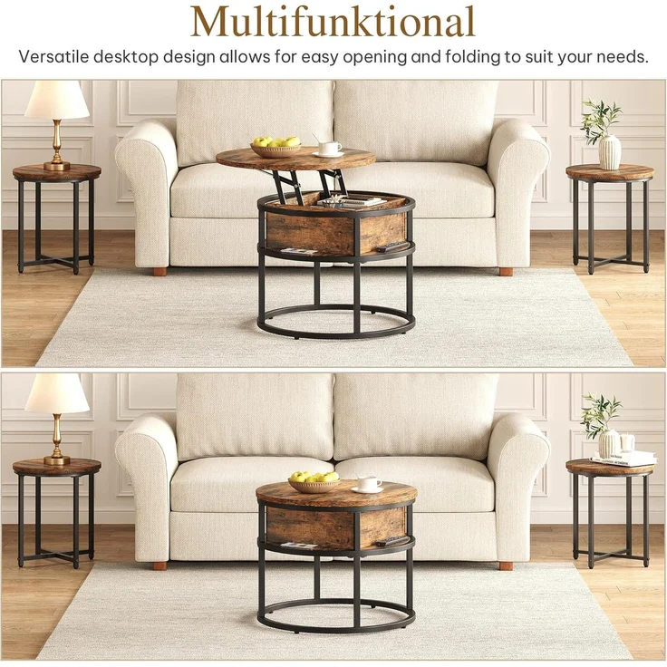YITAHOME Couchtisch Rund mit Hebeplatte, Wohnzimmertisch mit Stauraum 60 x 60 x 47 cm, Couchtisch rund mit Stauraum für Home Office, Couchtisch Höhenverstellbar Couch Tisch Wohnzimmer – Bild 4