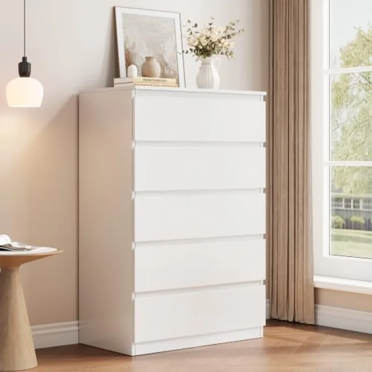 Jocoevol Kommode mit 5 Schubladen, Komodenschrank, Schubladenschrank, Moderner Schubladenschrank, Holzkommode mit Tiefen Schubladen für Wohnzimmer Schlafzimmer Eingangsbereich, 60 x 39 x 100 cm, Weiß