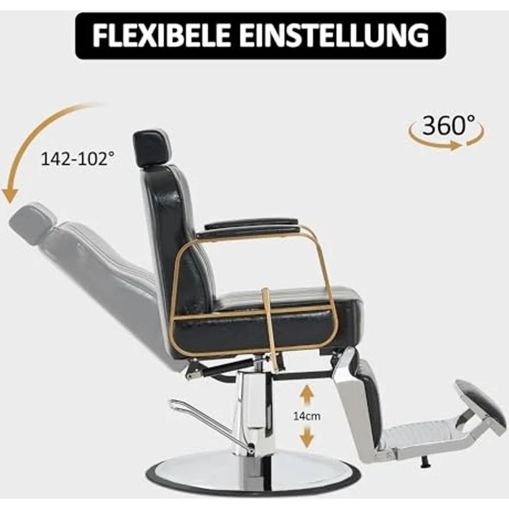Barberpub Friseurstuhl Kippbar, Friseursessel mit Kopfstütze, 360° Drehbar & Höhenverstellbar, Friseureinrichtung Retro mit Hydraulikpumpe, Kunstleder, 9238(Schwarz) – Bild 3