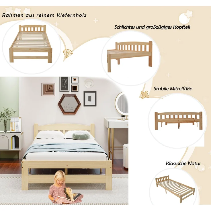 Solide Massivholzbett Futonbett, Einzelbett, Massivholz Natur Bett mit Kopfteil und Lattenroste, Jugendbett, Erwachsenenbett, Natur, 90x200 cm – Bild 4