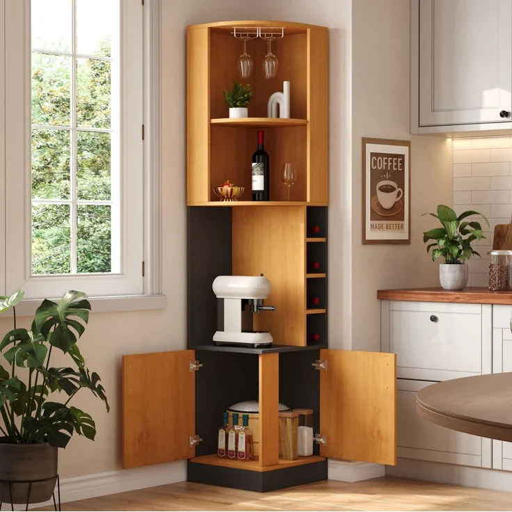Eck-Weinschrank aus MDF mit Weinglasregal und 4 Weinfächern, 40x40x182 cm, Natur – Bild 2