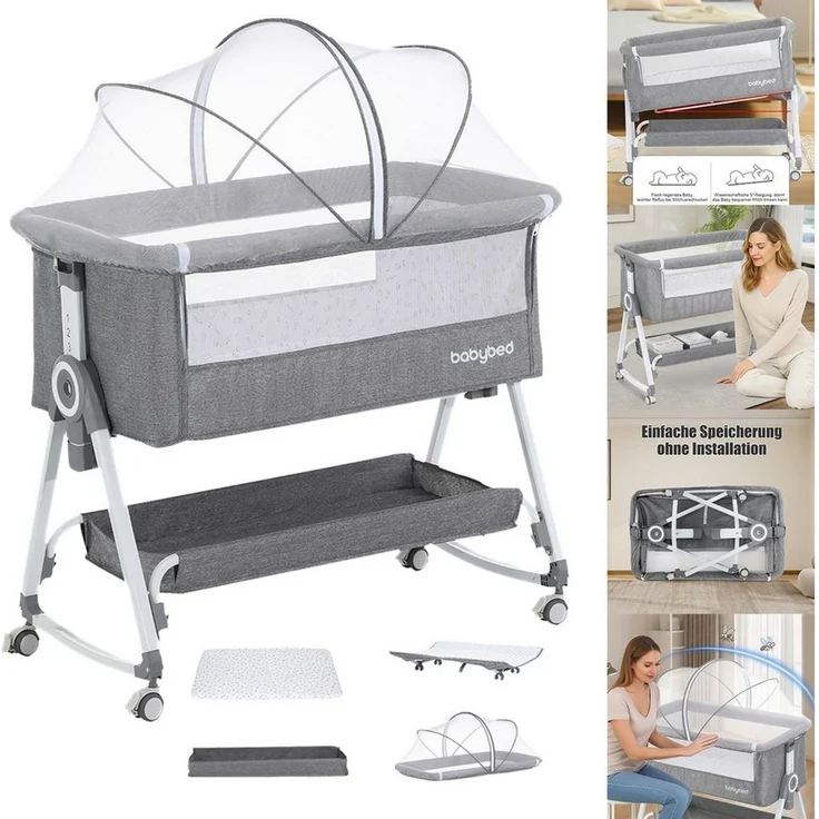 oyajia Beistellbett 3 in 1 Babybett Babywiege für Neugeborene Schaukelbettchen Rädern, 6-stufige Höhenverstellung, mit Rollen, Matratze und Moskitonetz – Bild 3