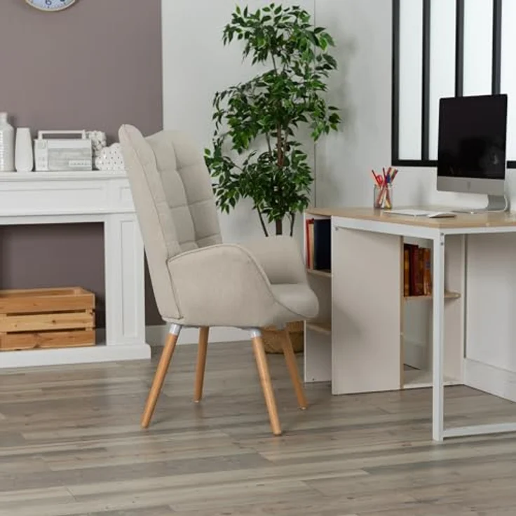 MEUBLE COSY Sessel Relaxsessel Lehnstühle Polstersessel Einzelsofa mit Holzbein Ohrensessel für Wohnzimmer Schlafzimmer Büro Vanity, Stoff, Beige – Bild 7