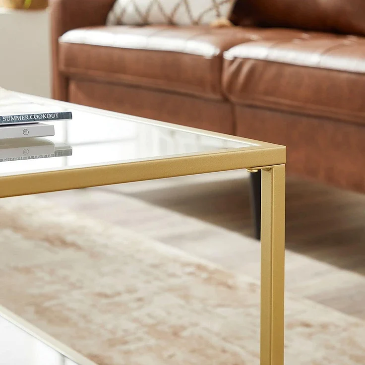 VASAGLE Couchtisch, Glastisch, Wohnzimmertisch, 2 Ablagen aus Hartglas, Stahlgestell, 100 x 55 x 45 cm, Dekoration, für Wohnzimmer, goldfarben – Bild 7