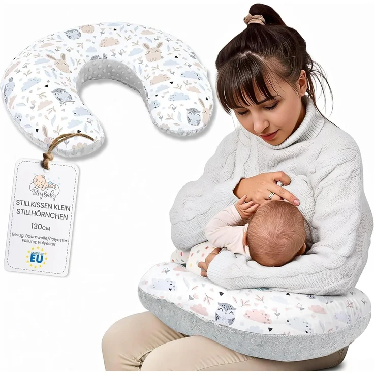Totsy Baby Stillkissen klein Mond Minky 130 cm - Nursing und Breastfeeding Pillow Stillmond Stützkissen Stillhörnchen kleines Still Kissen und Lagerungskissen beim Stillen Eulen Grau B
