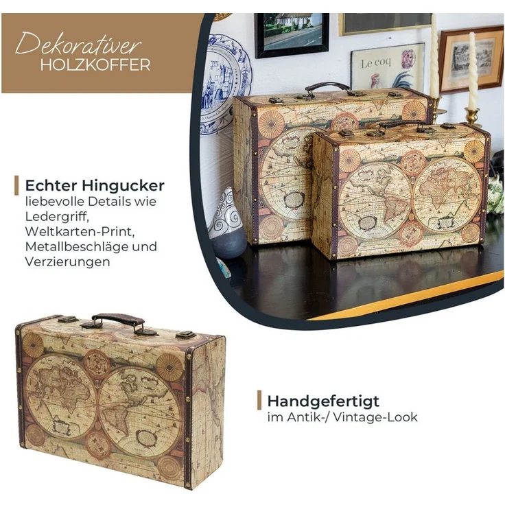 HMF Aufbewahrungsbox Handgefertigter Vintage Koffer aus Holz, Deko Koffer, Geschenkkoffer im Weltkarten Design, 38 x 26 x 13 cm – Bild 2
