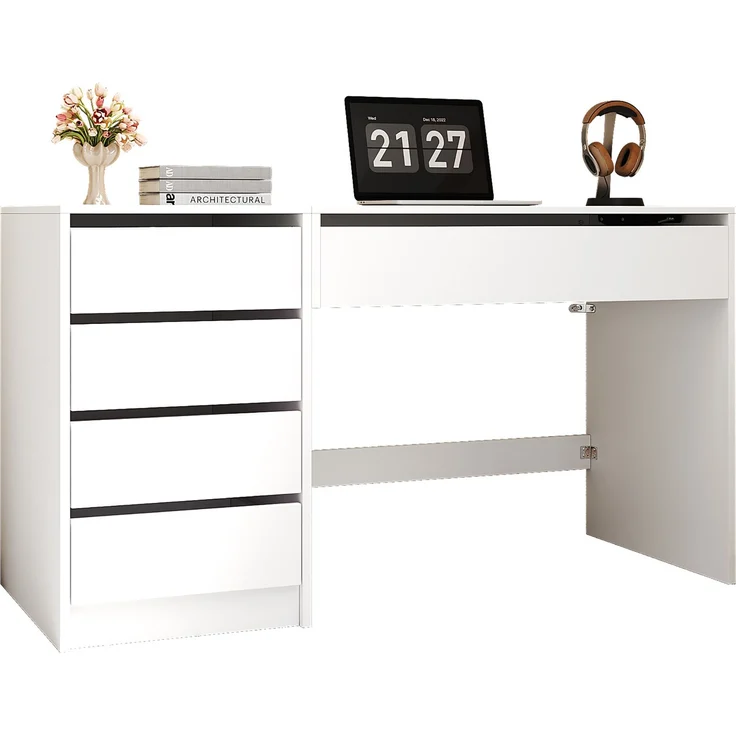ZUBALIYA 120×50×78–92cm, höhenverstellbarer Schreibtisch mit 4 Schubladen – weißer Schminktisch und Computertisch in einem, mit manueller Höhenverstellung und verstecktem Stauraum, Schreibtisch, Schminktisch – Bild 8