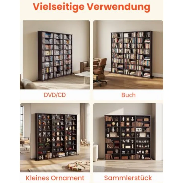 VEVOR DVD-Regal mit 24 Fächern (8 Ebenen), Medienregal Standregal 142 x 22 x 130 cm, Platzsparendes Aufbewahrungsregal für CDs DVDs Bücher Spiele-Discs, Bücherregal für Wohnzimmer/Homeoffice, Braun – Bild 8
