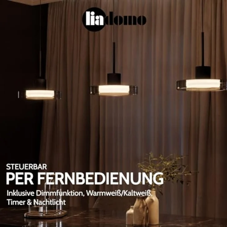 Liadomo LED Pendelleuchte Volos, dimmbar, LED fest integriert, Warmweiß, Neutralweiß, Tageslichtweiß, aus Glas, Fernbedienung inkl, Nachtlicht, Timerfunktion – Bild 2