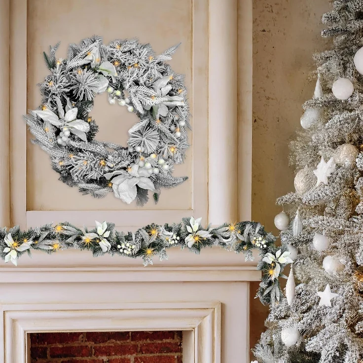 Spetebo Girlanden Weihnachtsgirlande oder -Kranz mit Schnee und weißen Blumen (1-tlg), mit Timer Funktion – Bild 6